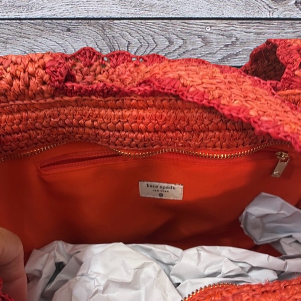 Kate Spade Woven Raffia Bow Tote Bag Orange Summer Straw Shoulder Bag ♠️ - Picture 9 of 10